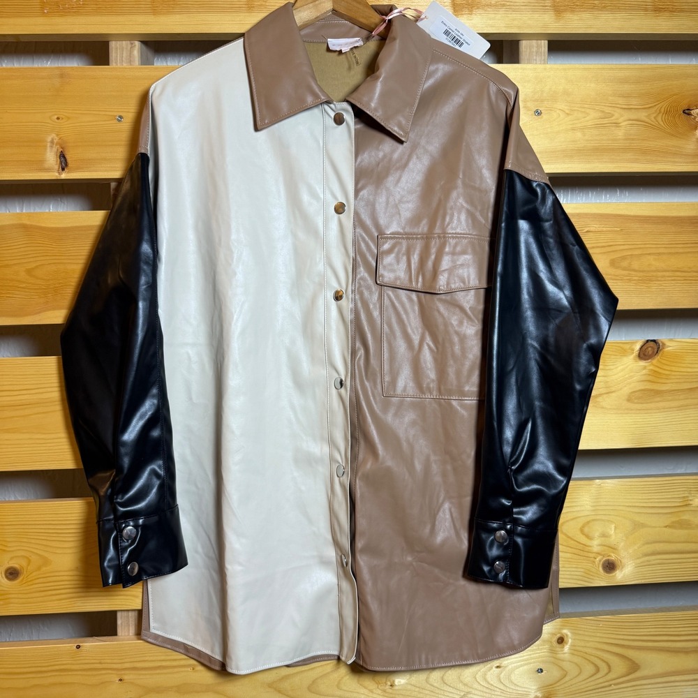 Entro Faux Leather Shacket Womens L Camel Cream Black Colorblock Streetwear Edgy